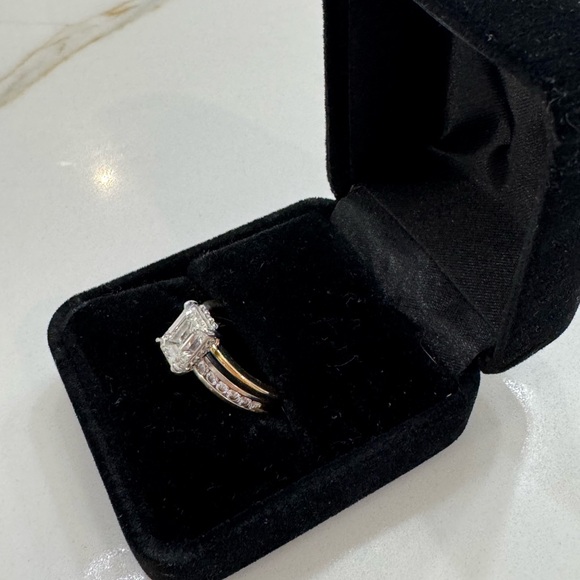 Gold Bridal Set- 2CT Emerald Cut Engagement Ring &White Gold Wedding Band - Picture 6 of 9